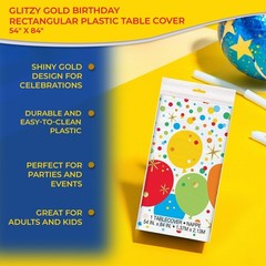 Glitzy Gold Birthday Rectangular Plastic Table Cover – 54″ x 84″ – Dazzling C…