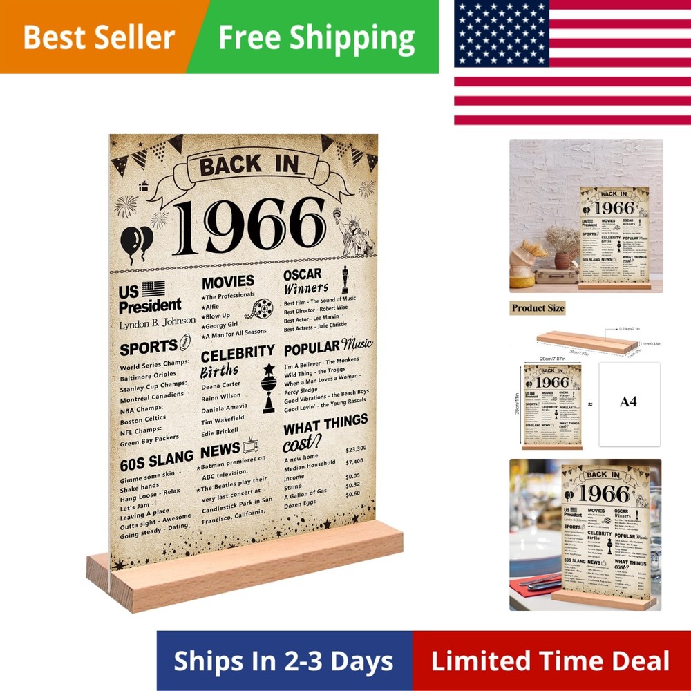 60th Birthday Party Decorations, Vintage Back in 1966 Poster Acrylic Sign wit…