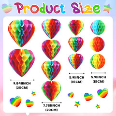 12 Pcs Rainbow Pride Heart round Paper Honeycomb Balls Pride Decorations, Heart