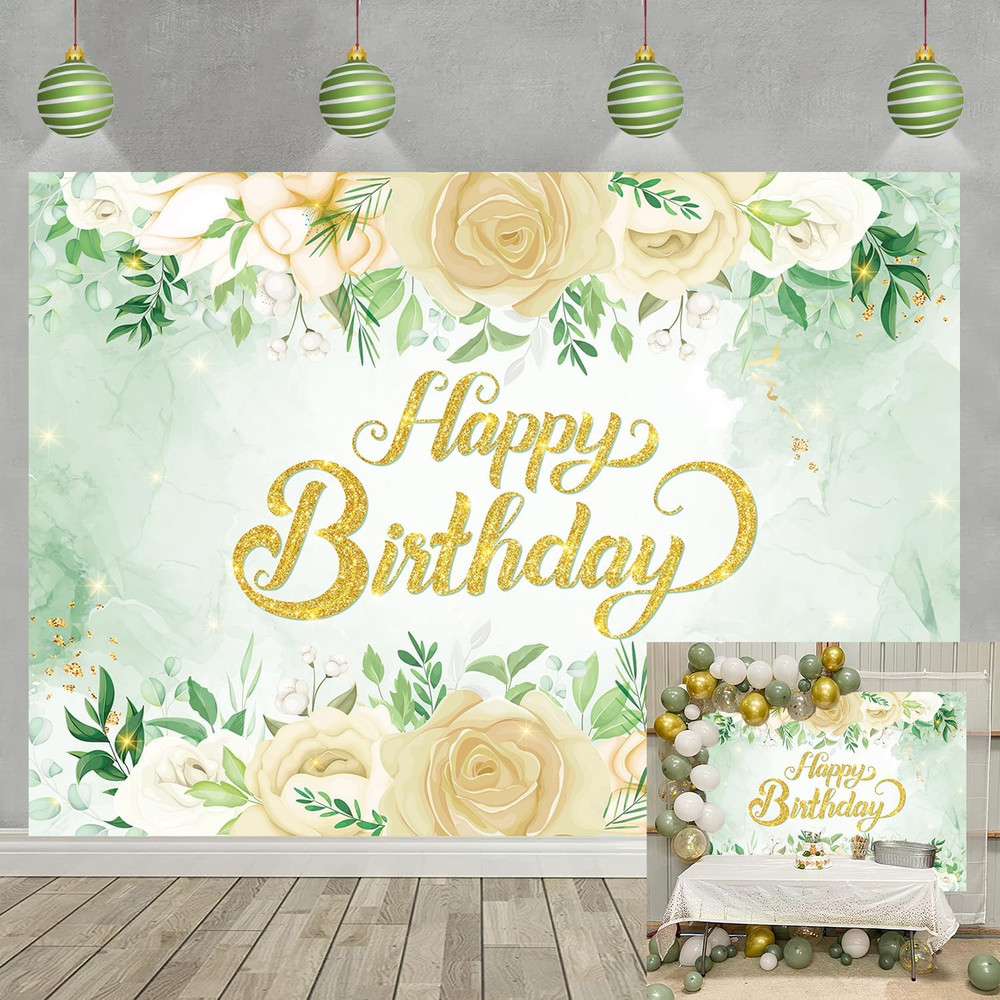 Greenery Happy Birthday Backdrop 8X6FT Sage Green Glitter Gold Eucalyptus Leaves