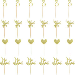 24 Pcs He Asked She Said Yes Cake Topper Gold Cupcake Toppers Heart Diamond Ring