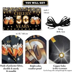 Cheers to 50 Years Backdrop Banner, Happy 50Th Birthday Decorations for Men Wome