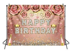 Rose Gold Happy Birthday Backdrop 7X5 Ft Floral Glitter Diamonds Champagne New