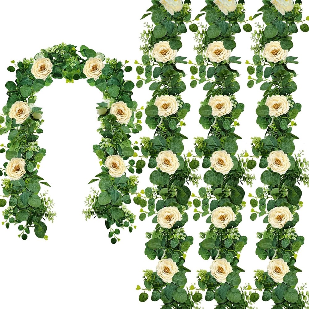 4 Packs 24FT Artificial Eucalyptus Flower Garland with White Camellias, Faux