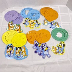 Bluey Customizable Banner. Added in 11 spiral hanging deco pieces
