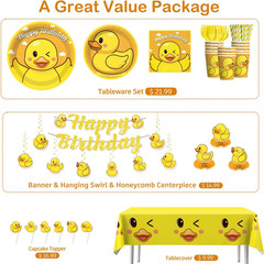 Duck Birthday Decorations for 25 Guests, 195PCS All-In-One Yellow Rubber Duck Pa