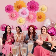 9PCS Hot Pink and Orange Party Decorations Paper Flowers Honeycomb Hanging Large