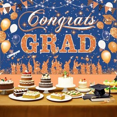 Blue Orange Graduation Banner 2026 – Congrats Grad Decoration for High School &