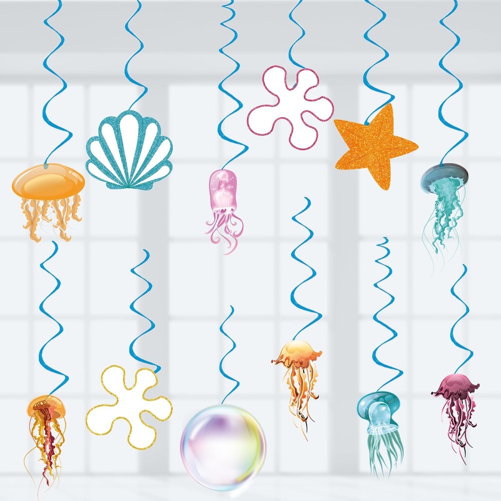 24 Pcs Under The Sea Jellyfish Hanging Swirls Ocean Theme Party Streamers