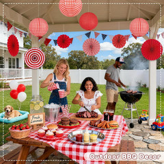 15 Pcs Red Gingham Party Decorations, 12 Inch Hanging Paper Lanterns and Fans fo