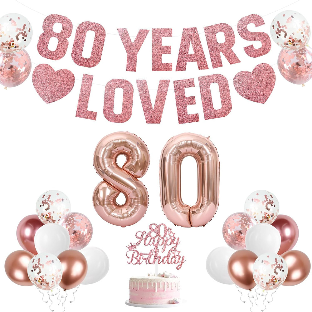 80Th Birthday Decorations for Women – Rose Gold “80 Years Loved” Banner, Happy 8