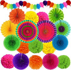 Fiesta Party Decorations, Multicolored Paper Pompoms Fan Garlands for Mexican Pa