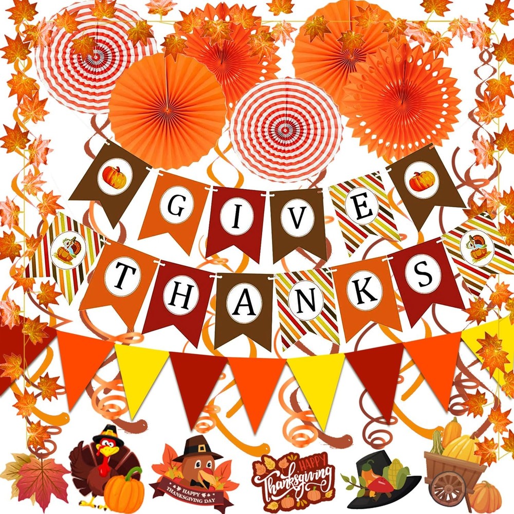 Give Thanks Pumpkin Maple leaf Paper Banner Triangle Flag Bunting Hanging