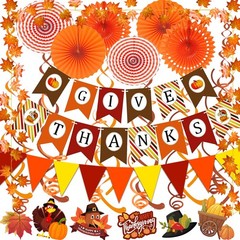 Give Thanks Pumpkin Maple leaf Paper Banner Triangle Flag Bunting Hanging