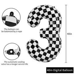 40 Inch Checkered Number 3 Balloon 3rd Race Car Birthday Party Supplies Black…