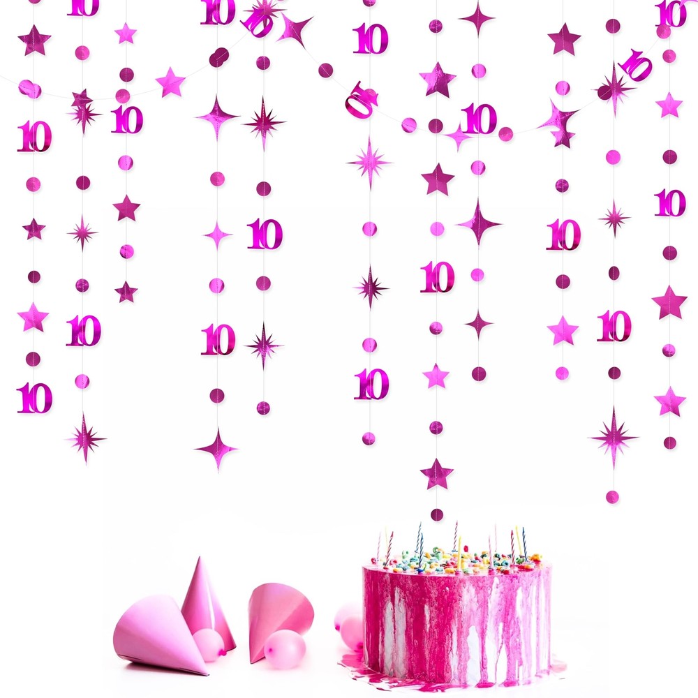 Hot Pink 10th Birthday Decorations Number 10 Circle Dot Twinkle Star Garland …