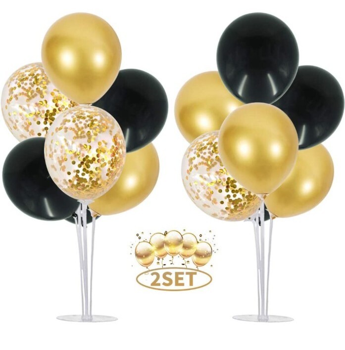 2 Set Table Centerpiece Balloons Stand Kit Include 16 Black Gold Latex Party