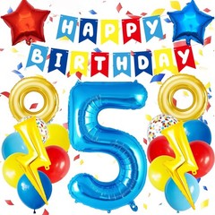 Birthday Party Decorations with 40 Inch Blue Number 5 Balloon, Lightning, Cir…