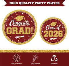 Maroon Gold Graduation Decorations 2026,200Pcs Maroon Graduation Plates and Napk