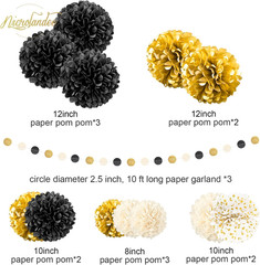 Black Gold Party Decorations, 15 PCS Tissue Paper Pom Poms Kit for 2026 Graduati