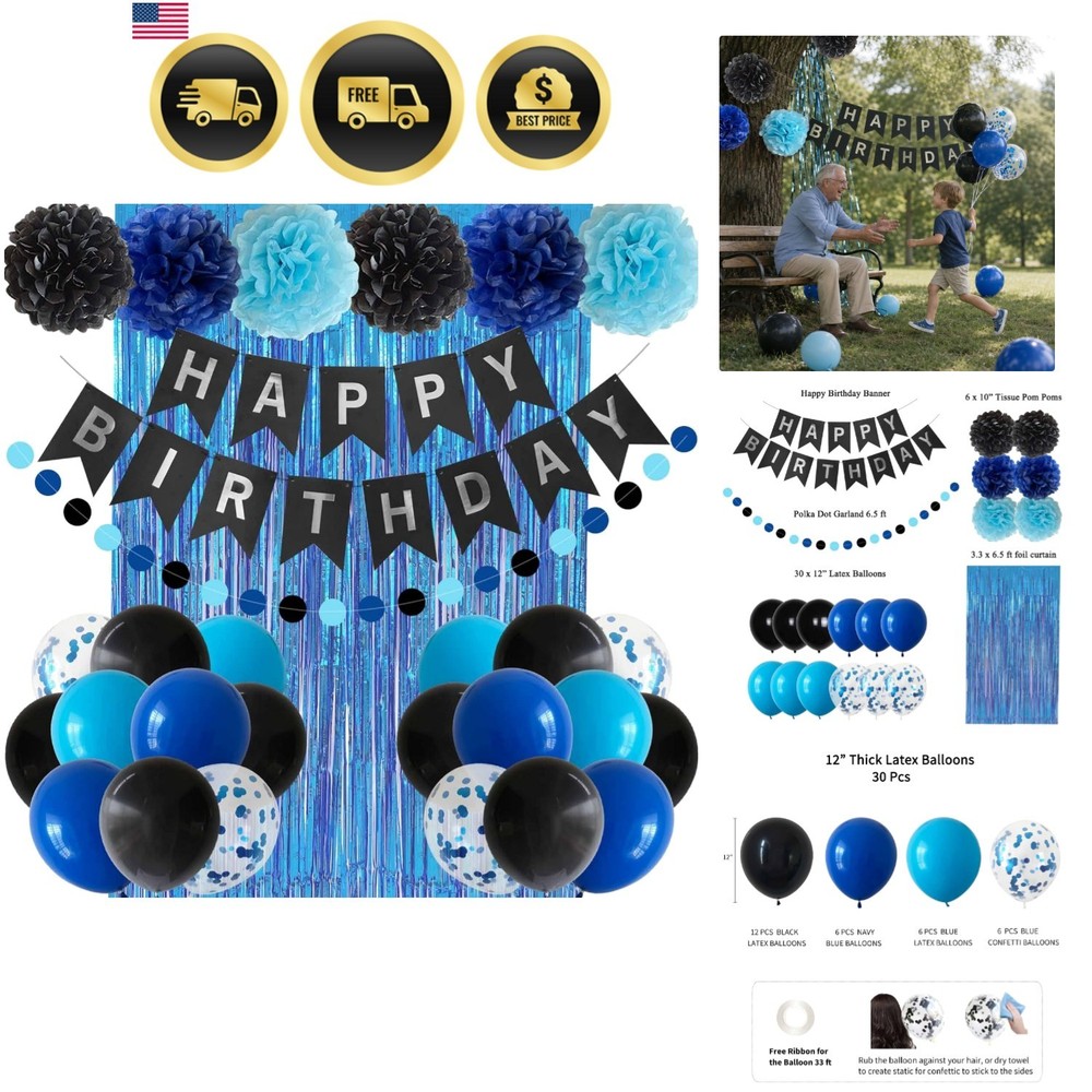 Blue Black Birthday Decorations Banner Balloons Pom Poms Foil Curtain Party S…