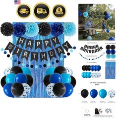 Blue Black Birthday Decorations Banner Balloons Pom Poms Foil Curtain Party S…