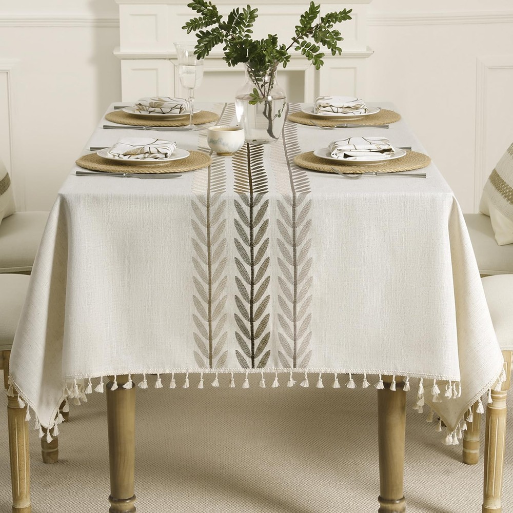 GRASiMOSY Cotton Linen Rectangle Tablecloth with Tassel for Dining Table, Heavy