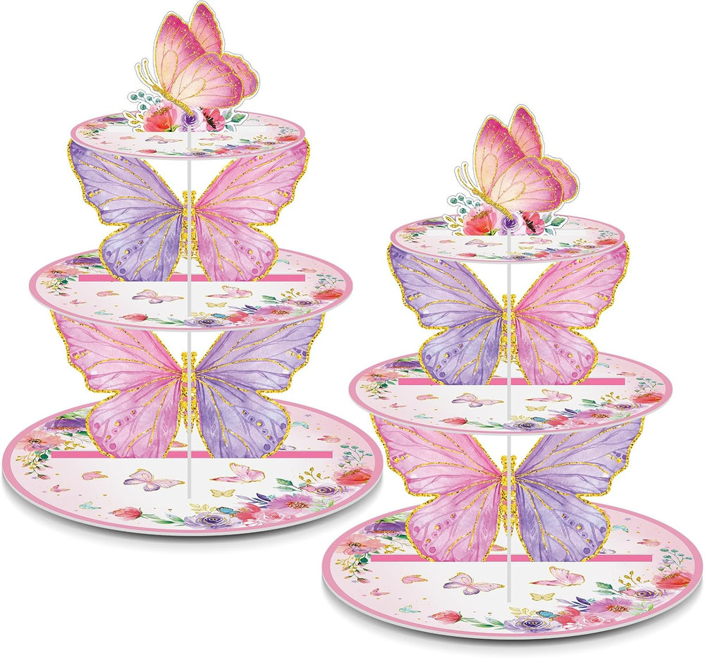 2 Pcs 3 Tier Butterfly Cupcake Stand Butterfly Birthday Decorations Spring Cupca