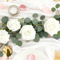 6FT Artificial Eucalyptus Garland with 14 Fake White Rose Flowers – Floral