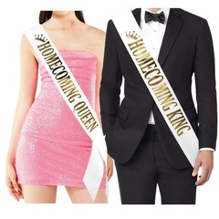 Homecoming King Queen Sashes Prom White Gold Print Party Decorations