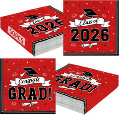 50 Pack Graduation Napkins Class of 2026 Decorations, 6.5 X 6.5 Inches Red Grad