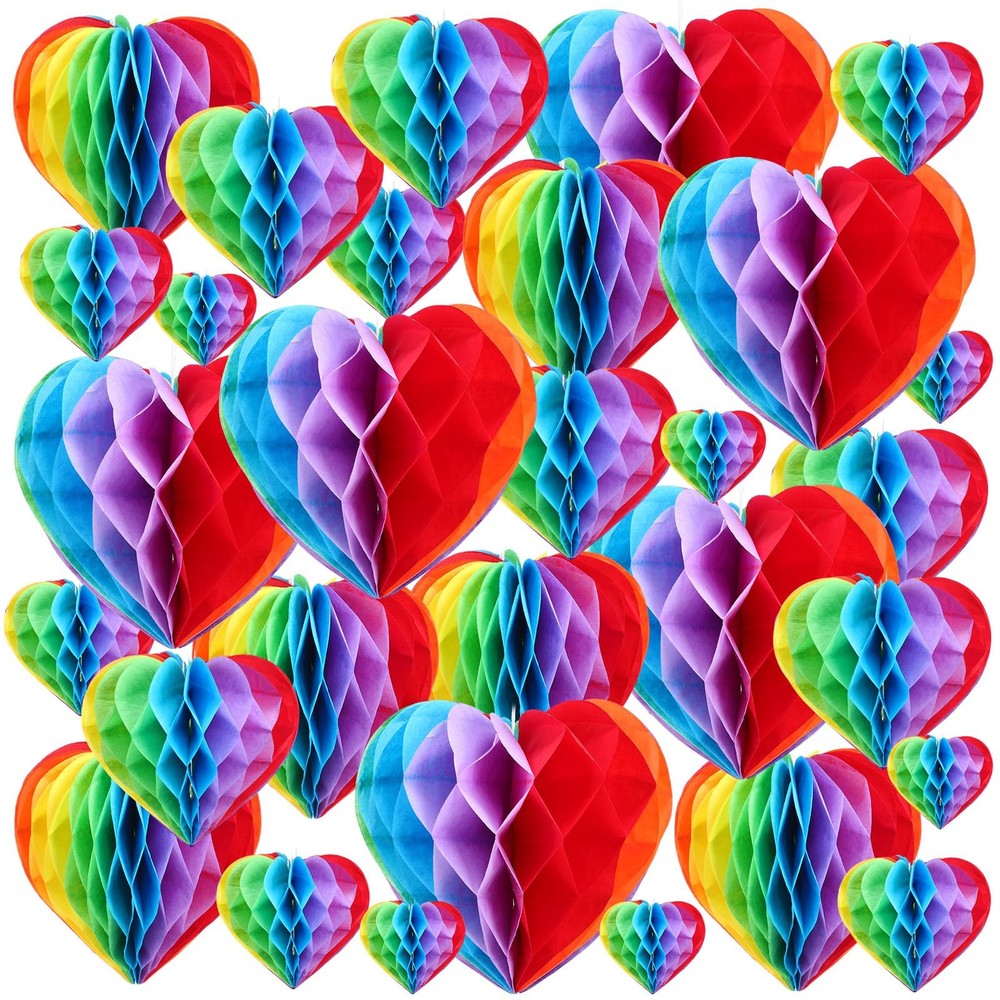 30 Pcs Gay Pride Month Rainbow Heart Honeycomb Party Decorations for LGBTQ Ra…
