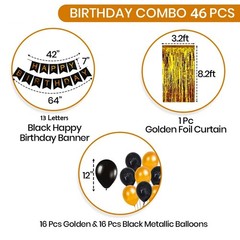 Pack 2 Birthday Decoration Kit 46Pc Each Black Gold Balloons Banner Foil Curtain