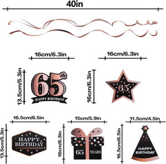 Happy 65th Birthday Decorations – 12Pcs Birthday Black & Rose Gold Swirls Stream