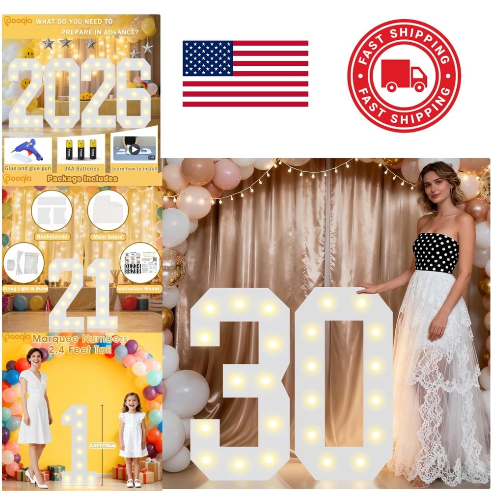 Illuminated Number 30 Party Decoration 2.4 Feet Glam Style with LED Lights