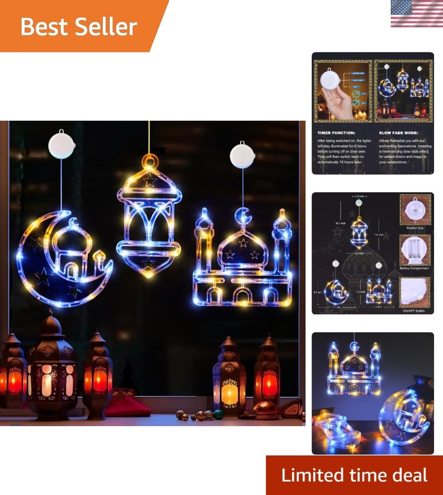 Elegant Blue & Warm White LED Lanterns for Ramadan – 3 Pack with Timer Function