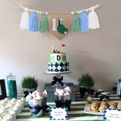 Golf Theme 1st Birthday Tassels High Chair Banner – Green Blue Golf Hole In O…