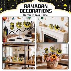 3-Piece Ramadan Wooden Table Decorations, Black Gold Eid Mubarak Table Topper Se