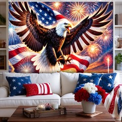 4th of July Backdrop 8x6ft Patriotic Eagle Decorations American Flag Fireworks B