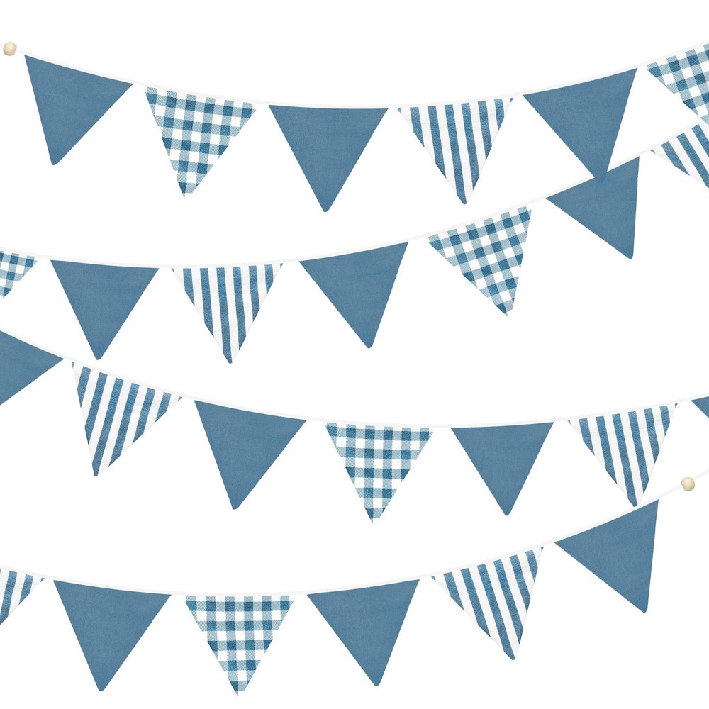 2 Sets Blue Pennant Banner Flags 24Pcs Blue Plaid Striped Nursery Garland Lin…