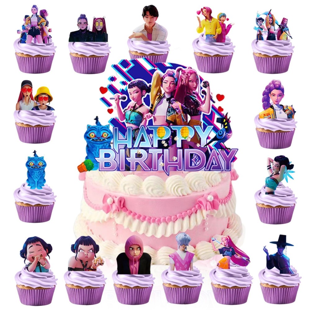 16Pcs Cute Anime Cake Decorations with 15pcs Cupcake Toppers, 1pcs Happy Birt…