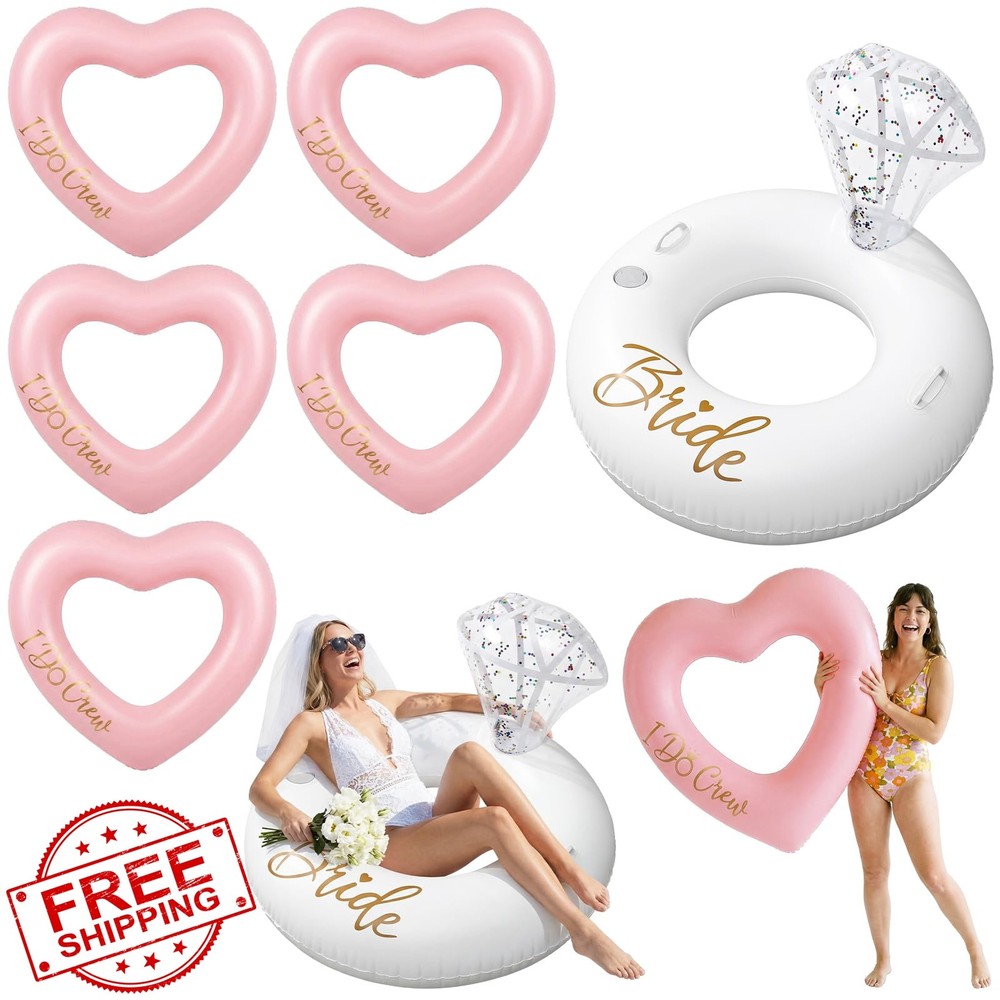 Thenshop 6 Pcs Bachelorette Pool Floats – 1 Diamond Ring and 5 Pink Heart Lou…