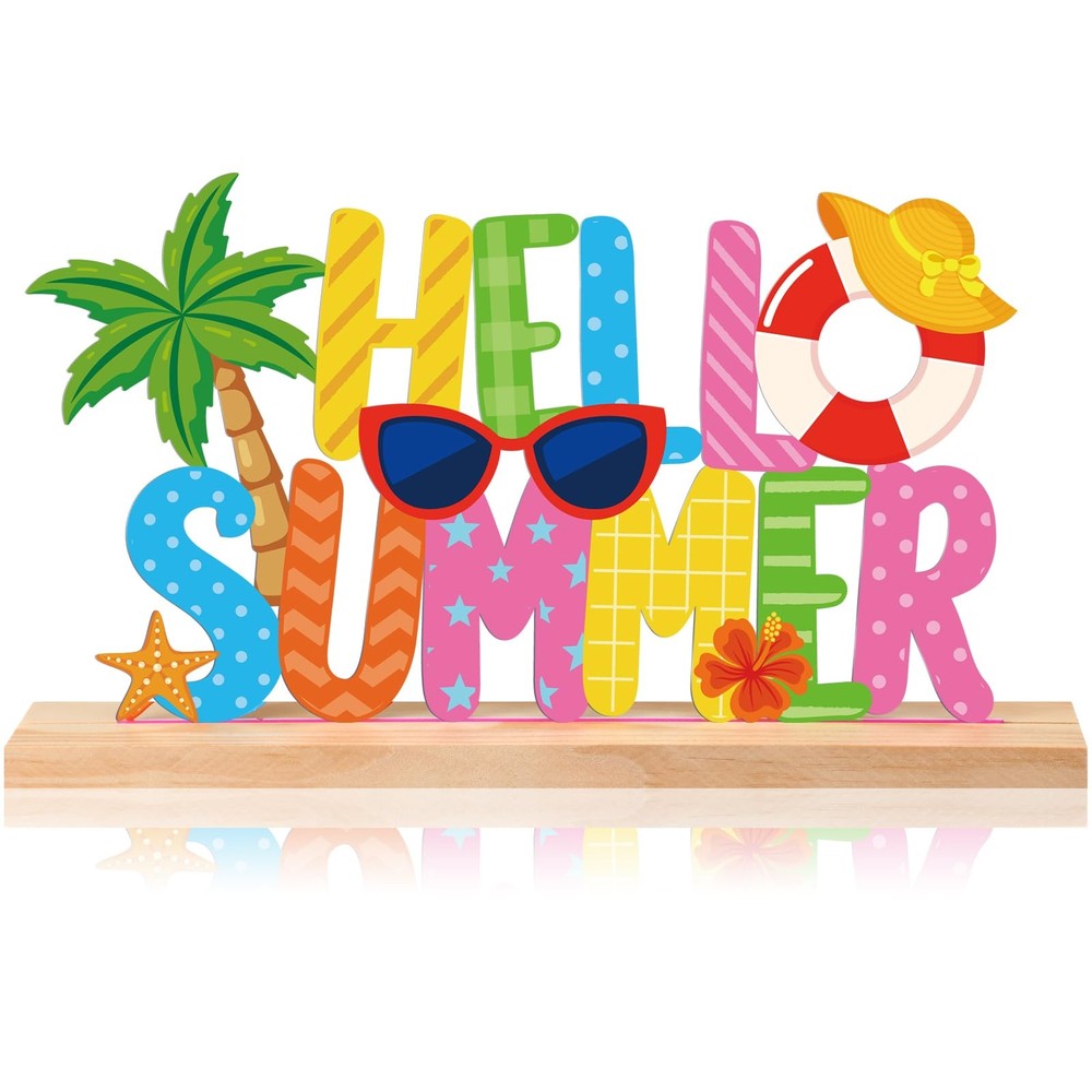 Hello Summer Metal Sign Rustic Table Top Decor Tiered Tray Wood Base Center