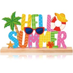 Hello Summer Metal Sign Rustic Table Top Decor Tiered Tray Wood Base Center