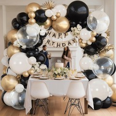 Black Gold White Balloons Arch Kit, 128pcs Black White Sand Cream Chrome Gold…