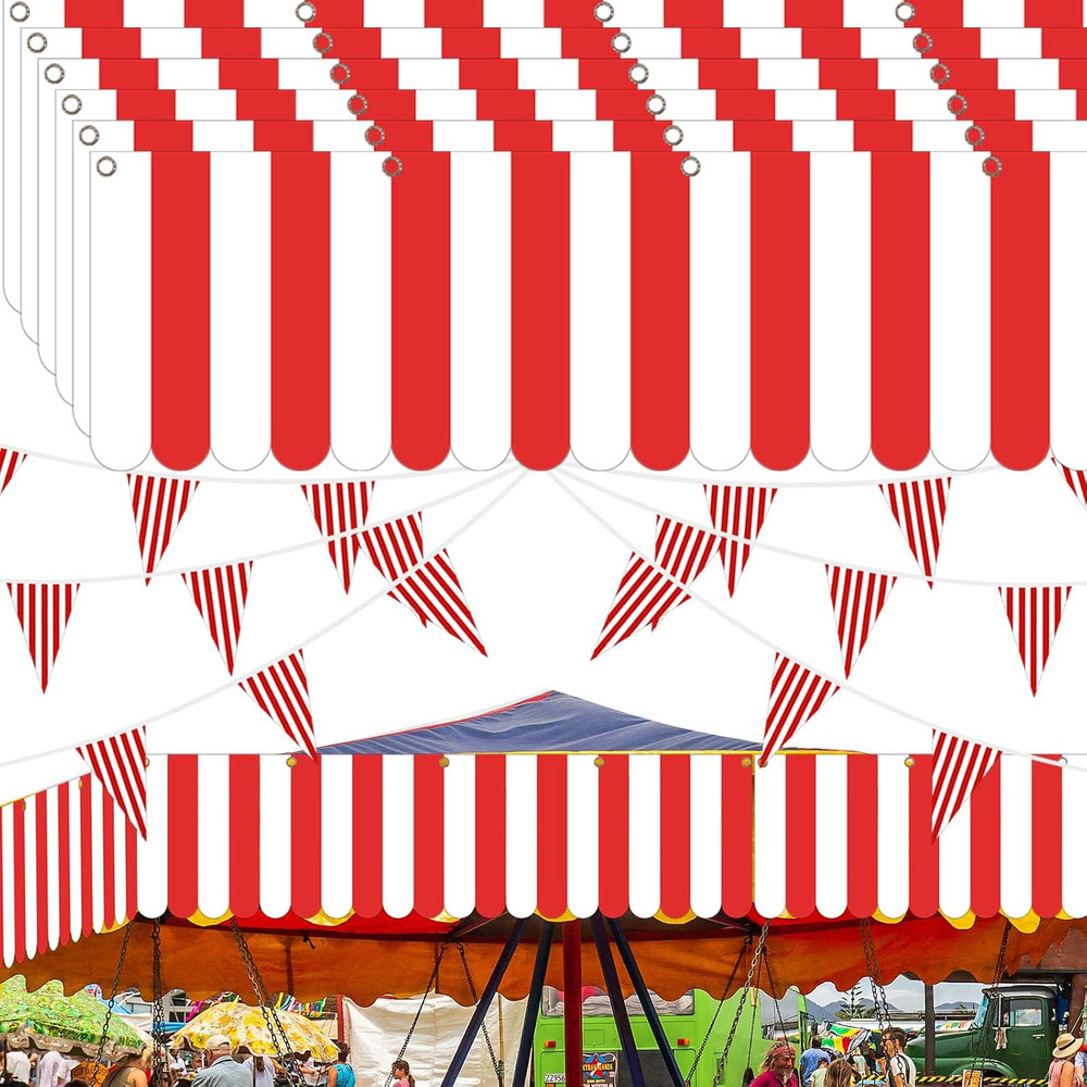 12 Pcs Carnival Circus Tent Party Decorations Red White Striped Hanging Banner w
