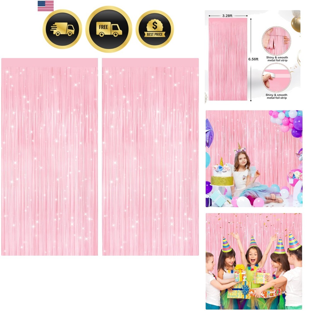 2 Pack Pastel Pink Metallic Tinsel Foil Fringe Curtains, Door Streamers Photo…
