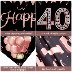 40th Birthday Banner Decorations for Women, Rose Gold Happy 40 Year