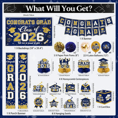 Navy Blue and Gold Graduation Decorations 2026 Set, All-in-1 Kit with Congrats G