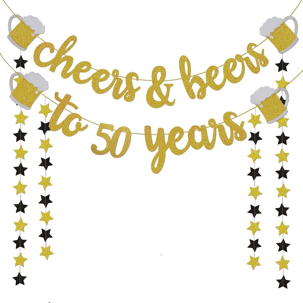 Cheers & Beers to 50 Years Gold Glitter Banner – 50th 3 Piece Set,